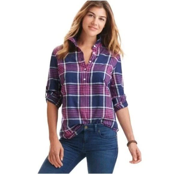 VINEYARD VINES $88 Harbor Plaid Relaxed Popover Tunic Shirt Roll Tab Sleeve 6 - Picture 2 of 6